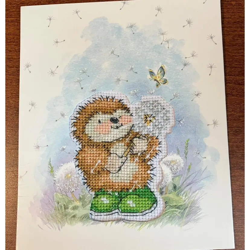 #01 - New Homemade Hedgehog flower cross stitch card