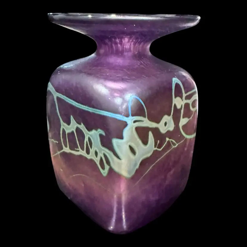 Robert Held Art Glass RHAG Signed Purple Blue Swirl Square Vase 4.25”