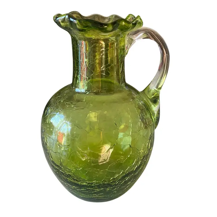 Vintage crackle glass pitcher vase Green Clear Handle
