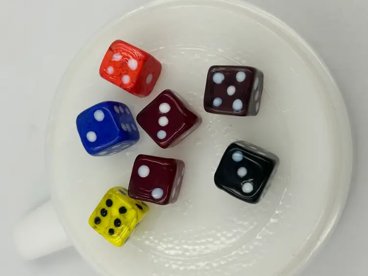 7 Art Glass Dice Yellow, Red Blue Green Orange Black