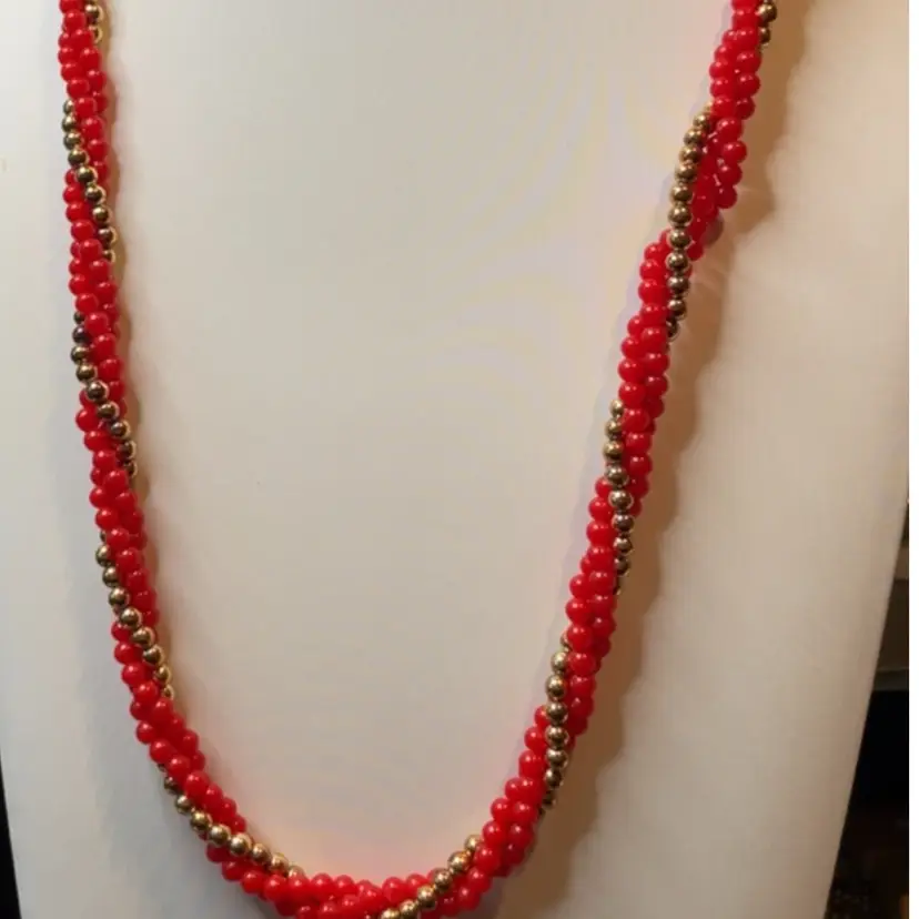24 Inch Red And Gold Twist Vintage Plastic Necklace