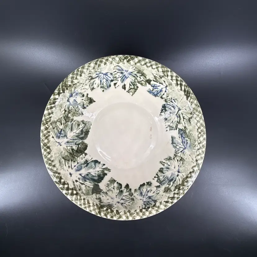 Vtg Signed Ellen Evans 1997 Studio Art Pottery 12.5" Serving Bowl Leaves Hand Painted