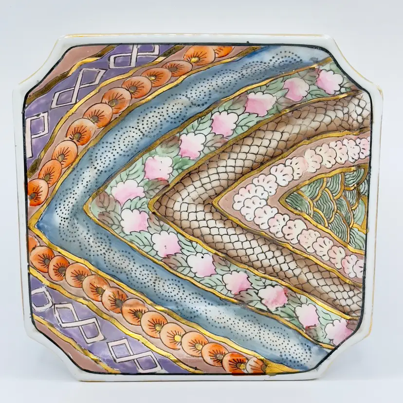 Vintage Hand-Painted Ceramic Plate with Geometric Floral Design, By David Thomas Lamps & Accessories, Made in Japan