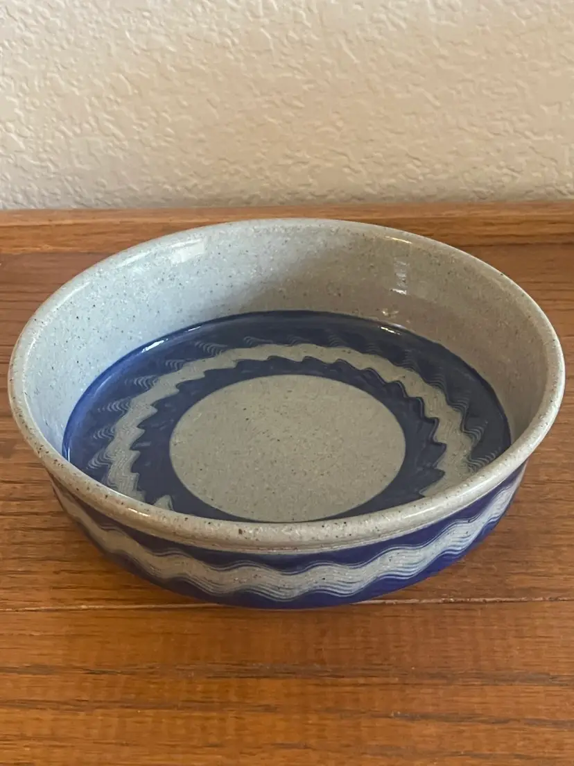 Signed Studio Pottery Stoneware Dish Baker Server Blue Gray
