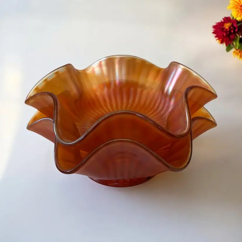 1908 (2) Northwood Smooth Rays Ruffled Marigold Carnival Glass Small Bowls, orange iridescent collectible glass. 5.75" x 2 1/8"