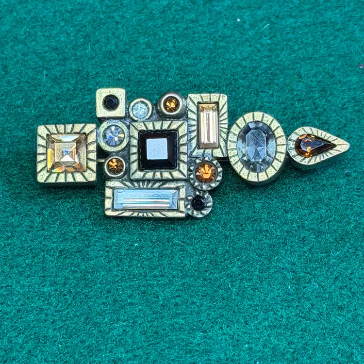 Patricia Locke Geometric Shapes Brooch Pin 2”Amber Clear & Black Rhinestones Signed Gold Tone