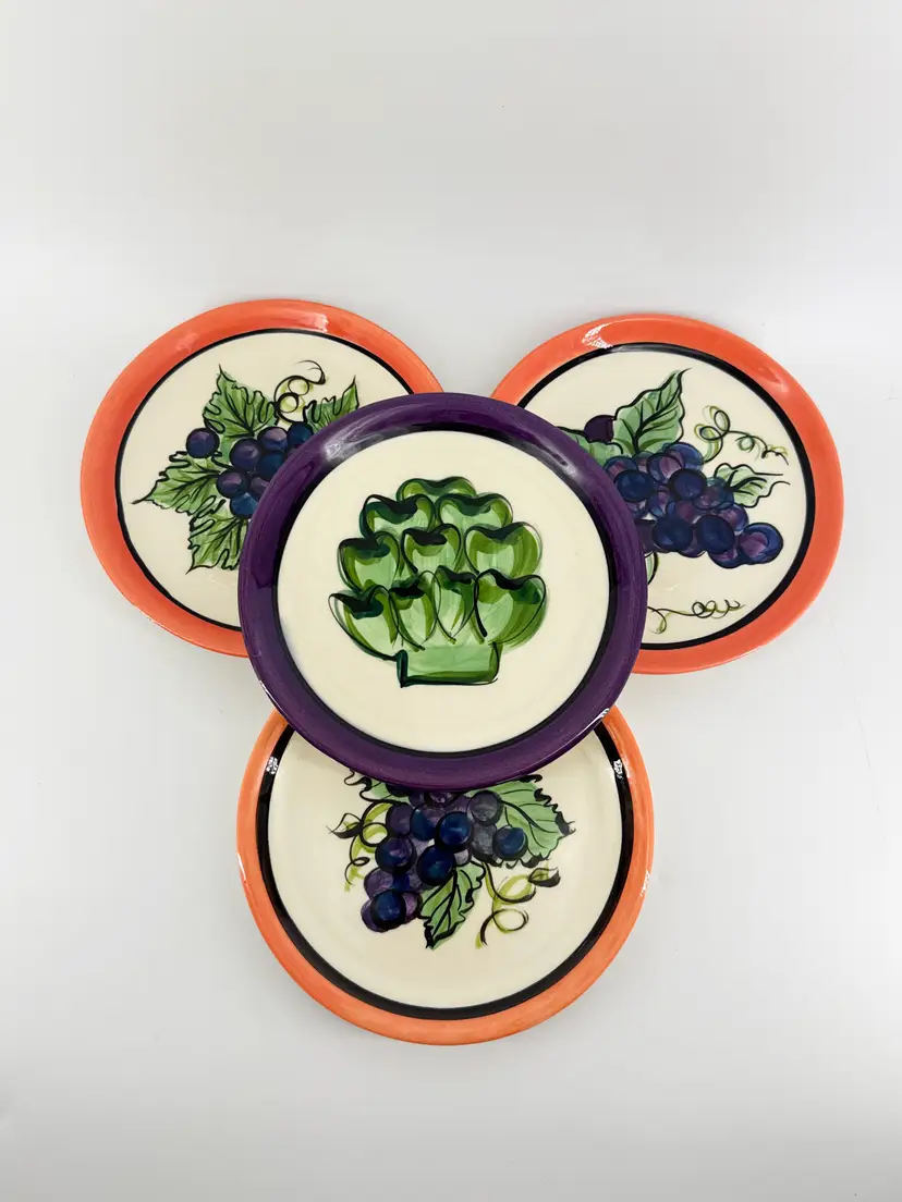 Vtg Lot 4 Signed Vicki Carroll "Bon Appetite" 8" Salad Plates Hand Painted