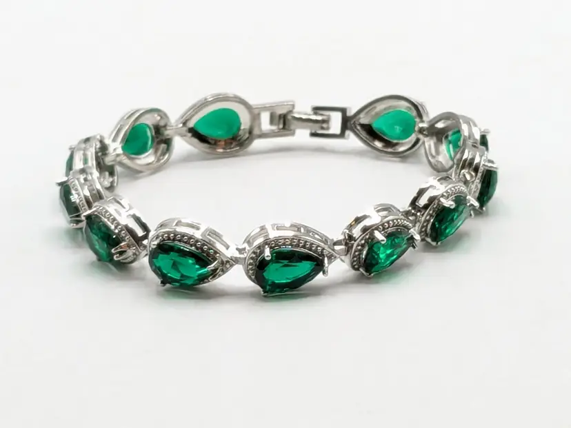 Silver Tone Faux Emerald Teardrop Pear Cut Bracelet