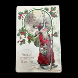 Holly Berry SANTA + Blue Red Antique/Vintage Winter Holiday Christmas Postcard-Germany