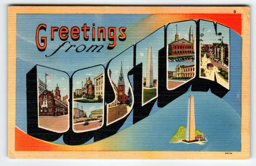 Greetings From Boston Massachusetts Postcard Large Big Letter Vintage 1944