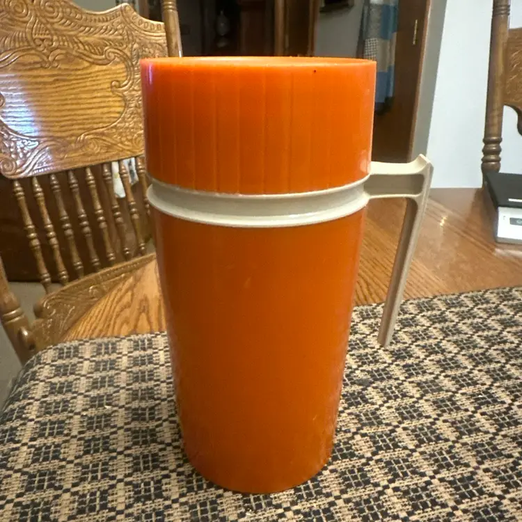 Vintage Thermos 7202 Pint Vacuum Bottle Bright Orange with Handle, Stopper & Cup