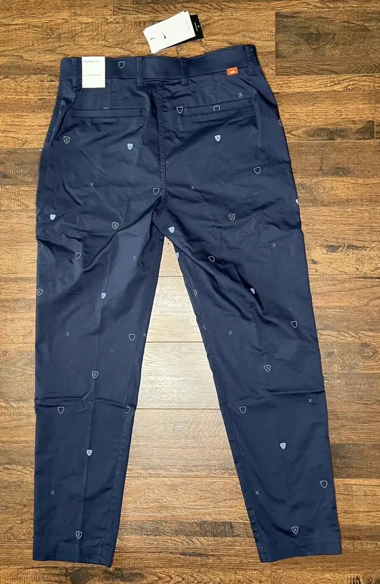 NIKE GOLF Standard UV DRI-FIT Printed Chino Pants Navy Blue with logos 32 X 32