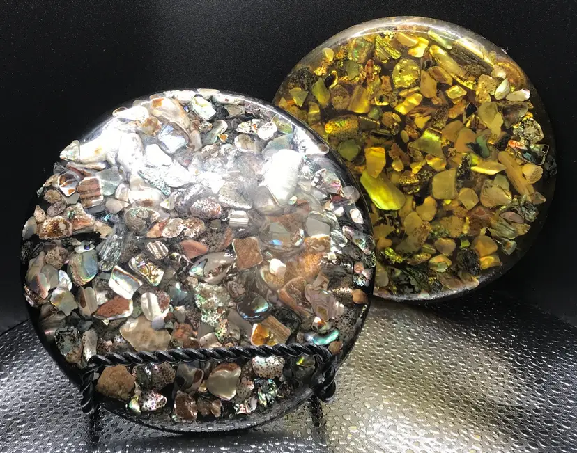 Pair vintage Yianni lucite and Abalone trivets California w original sticker