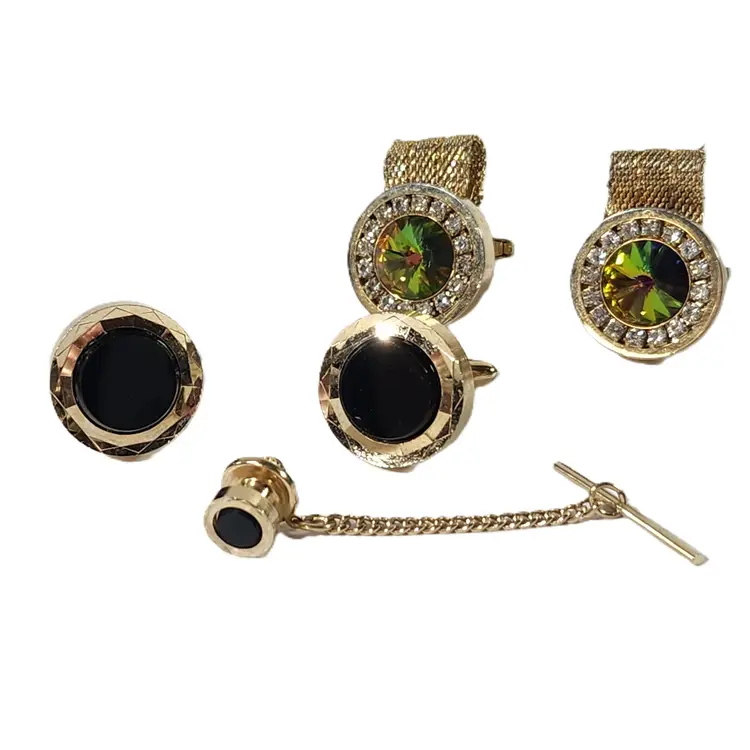 Hickok Gold & Onyx Tie Clasp / Bar Pin w Matching Cufflink Set + Foster Convertible Rainbow Glass Set Vintage Mens Jewelry + Gift Box
