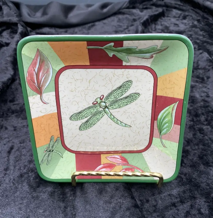 PartyLite Natures Dragonfly & Leaves Square Plate, 5", Trinket Dish/Candle Tray