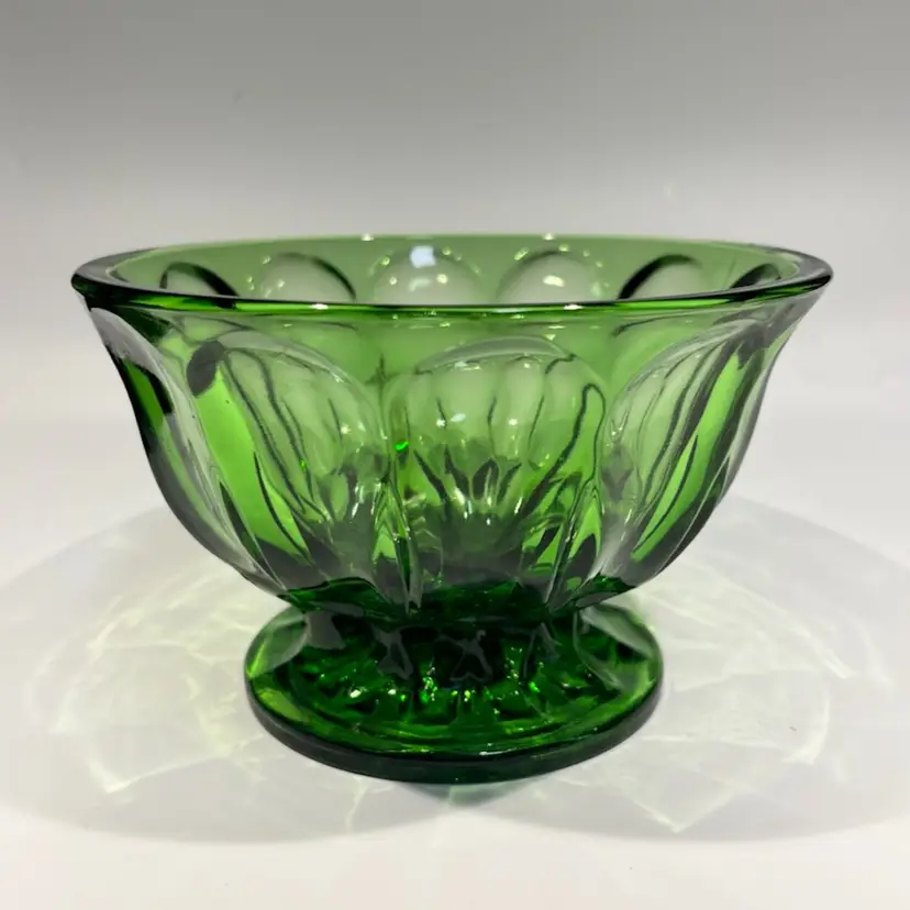 Pedestal Bowl -Anchor-Hocking- Vintage- “Fairfield”- Emerald Green-- 4.75” Tall, 6” Wide