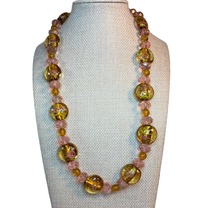 Italian Glass Golden Pink Rose Bead Necklace. 22” Long. Toggle Clasp. Larger Beads Measure 3/4” Long.