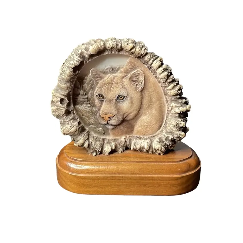 Mill Creek Studios Cougar Button Resin Sculpture Wooden Base Big Cat Signed Zoo