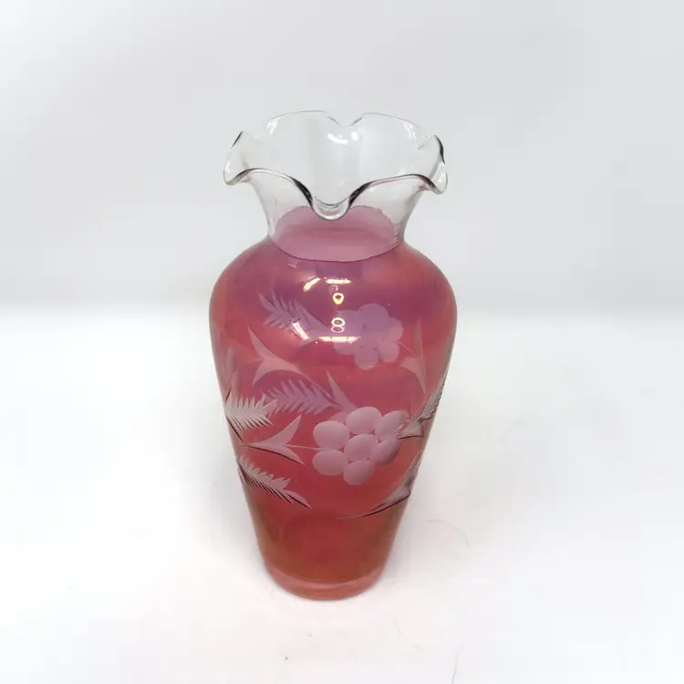Bohemian Cranberry Flash Glass Grape Vintage Vase Etched Floral  (0027-26)