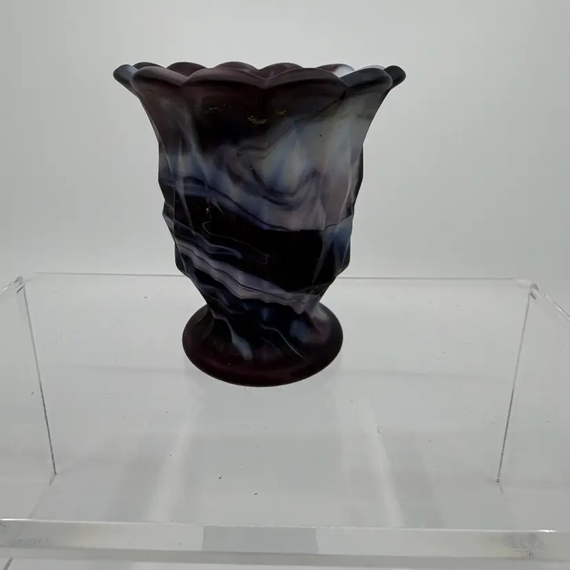Vintage Akro Agate purple blue white swirled slag glass Urn Toothpick Holder