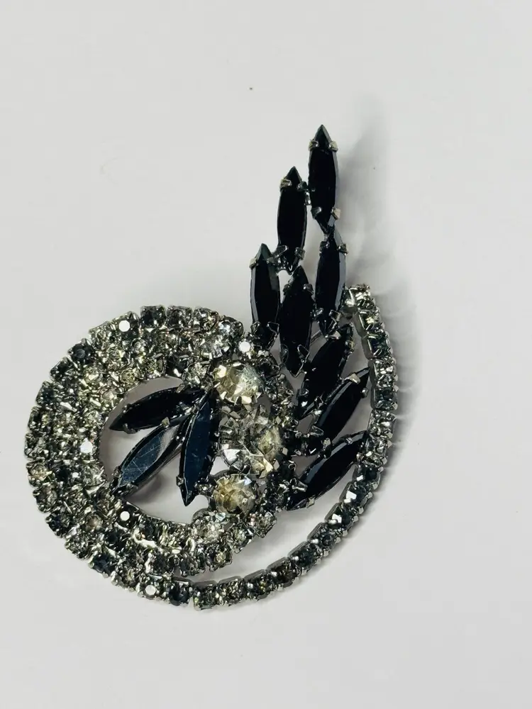 Vintage Hematite Navettes & Clear Rhinestone Brooch