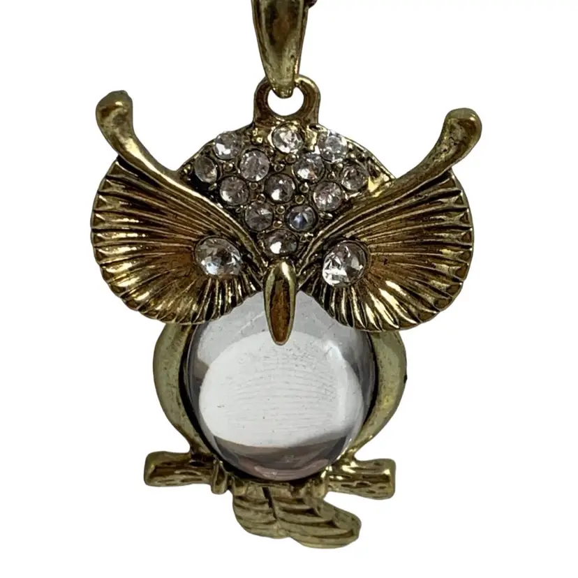 Owl Necklace Pendant With
Clear Jelly Belly And
Rhinestones. No Missing
Stones Or Damage. Chain
Detailed W Notches.