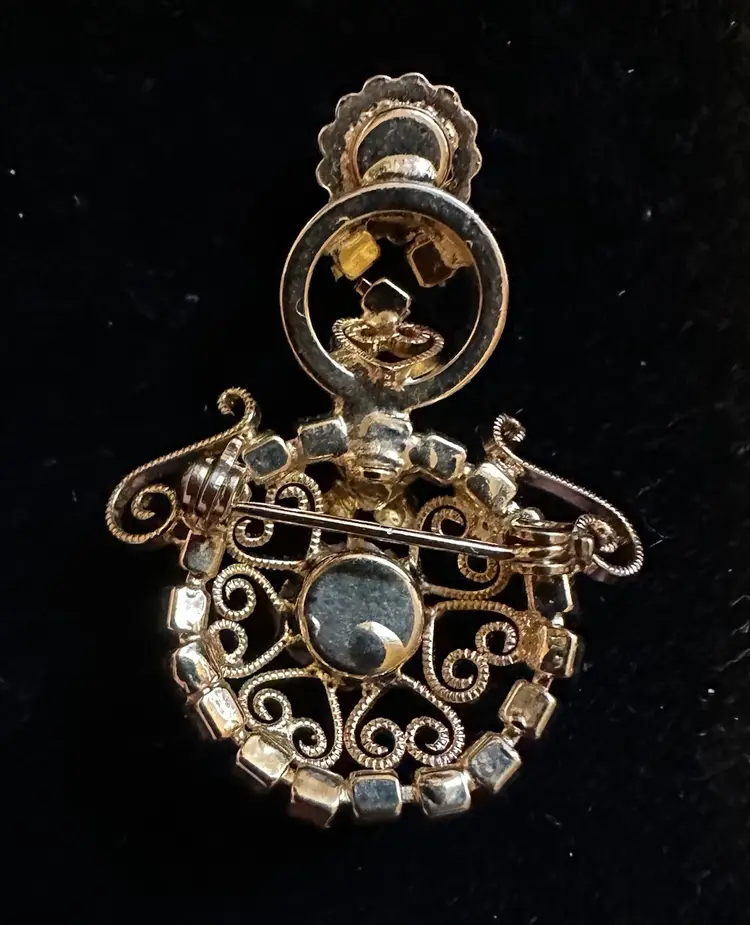 Vintage Rhinestone Snowman Pin w/ Scroll Work