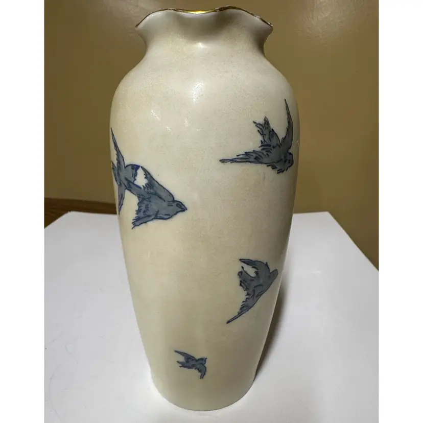 Imperial PSL Cream Ceramic Vase with Blue Flying Bird Motif Austria 8.25” tall