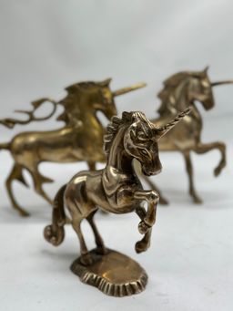 Vintage Solid Brass Lot Of 3 Amazing Unicorn Statues Figurines Magical Mystical