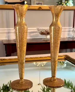 Vintage Glass & 22k Gold Bud Vases- Set Of 2