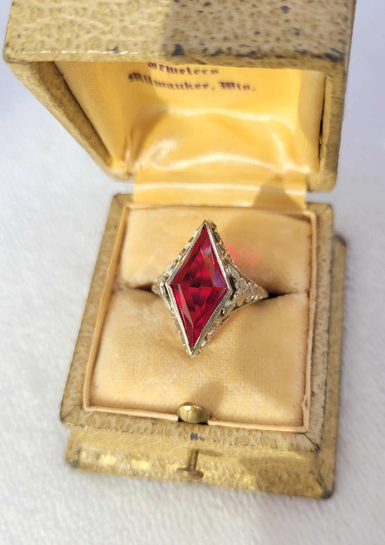 Antique 14k White Gold Ruby Lozenge Cut Filigree Art Deco Ring Vtg Size 4.75