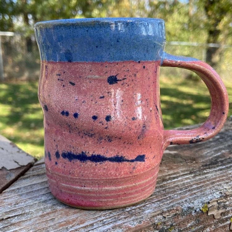 Handmade Pottery Mug, Pink & Blue Glaze. Artist Signed ZAP. 4”h x 4.75”w (including handle) And 8 Ounces.