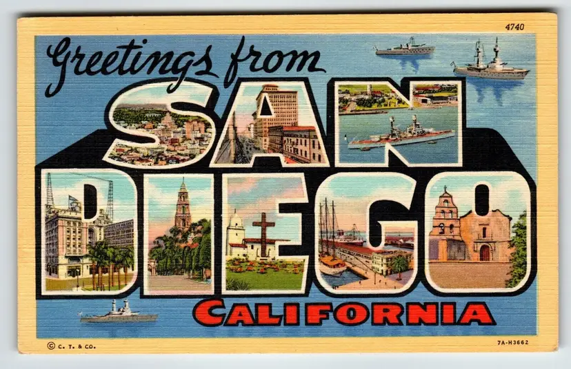 Greetings From San Diego California Large Letter Linen Postcard Curt Teich Ships