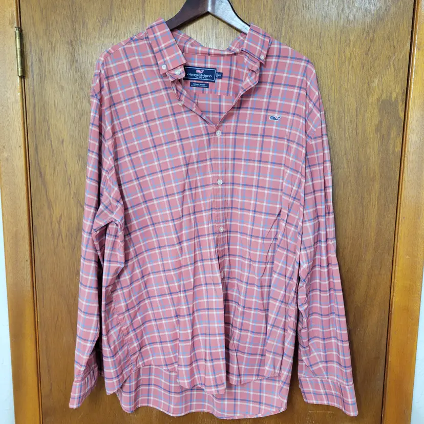 Vineyard Vines Mens XXL Whale Shirt Pink Blue Plaid Performance Button Down LS