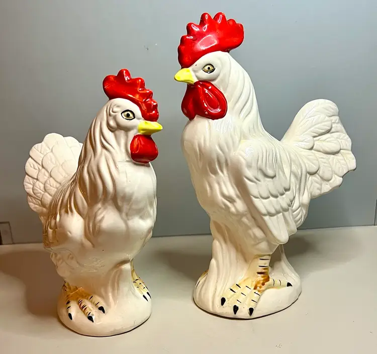 Vintage Farmhouse White Rooster And Hen Ceramic Figurines Country Cottage Core