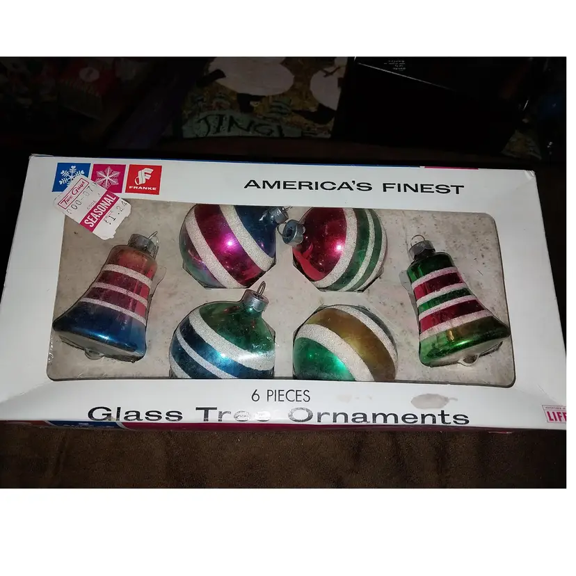 Vintage 'FRANKE America's Finest' Blown Glass Boxed Ornaments, 6 Pack. Flocked bells & balls! SCARCE!