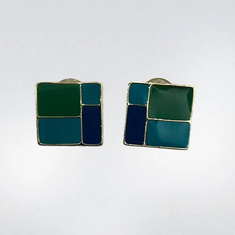 Gold Tone Green And Blue Enamel Earrings