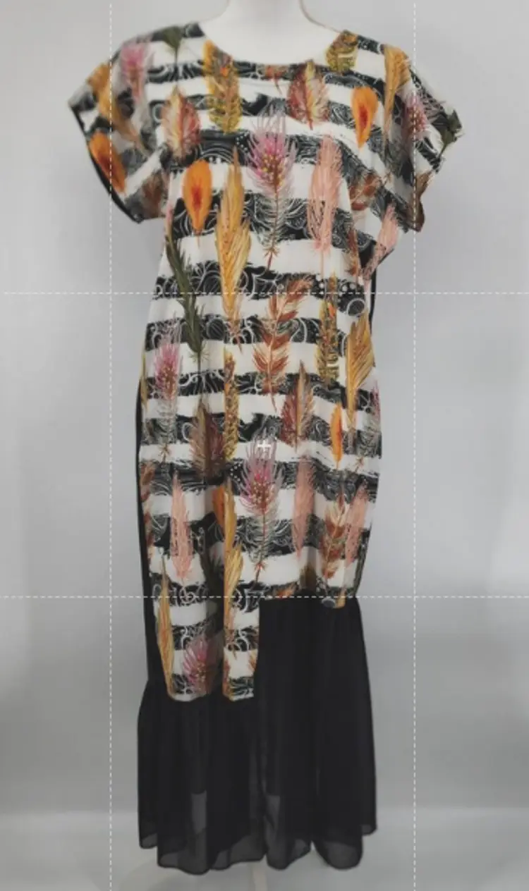 Takaya Siam Black Short Sleeve Long Maxi Feather Print Sheer Dress Medium NWOT