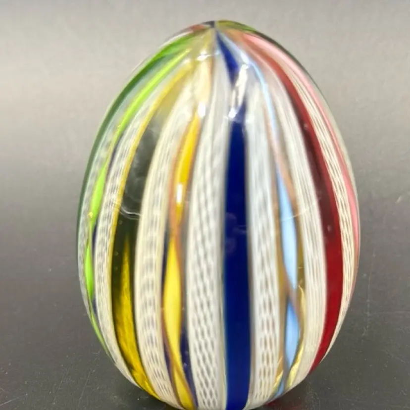#01 Glass Ribbons & Latticino Egg Sculpture Paperweight From Italy