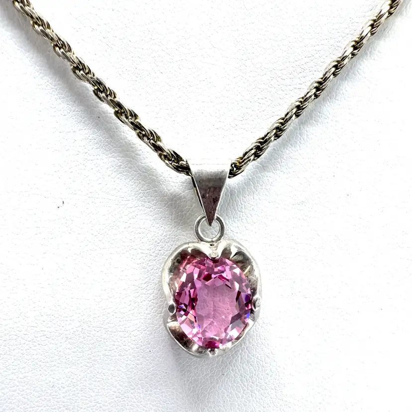 Vintage Pink Glass Sterling Silver Pendant Necklace, Italy 925, 20 Inch Chain