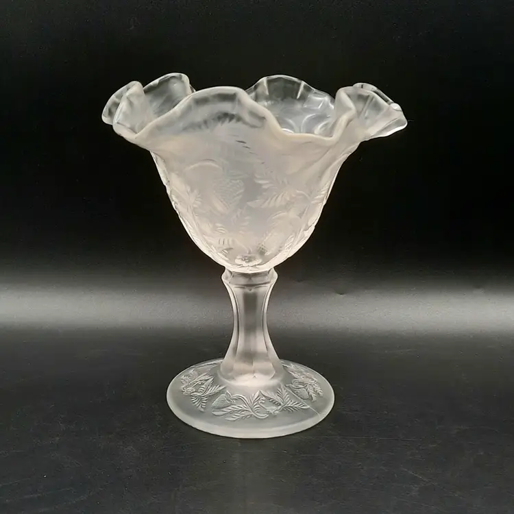 Fenton Satin Glass Inverted Strawberry Pedestal Compote Ruffled Rim