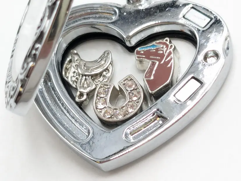Horse Glass Heart Locket Pendant with Equine Charms Silver Tone