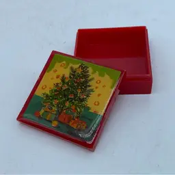 Vintage red plastic box with a Christmas tree and presents lid Pill Box Gift Box
