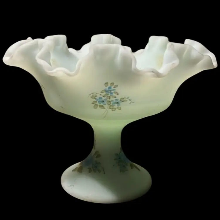 09. Fenton Hand Painted Custard Blue Roses Compote
