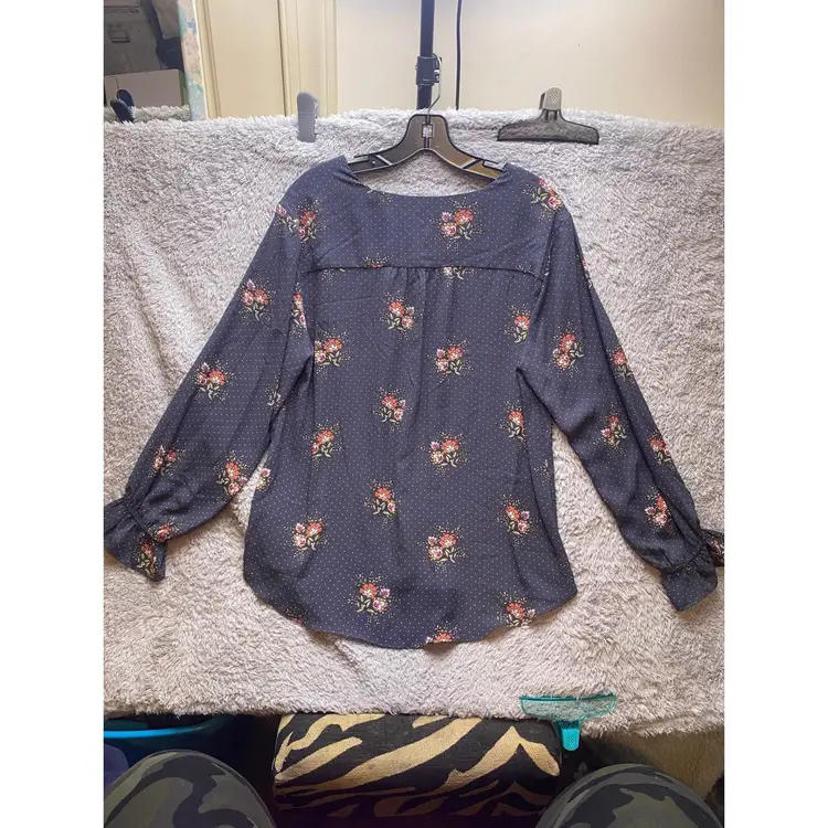 Tahari Blouse Womens Large Gray Floral Polka Dot Bloomcore Cottagecore NWT