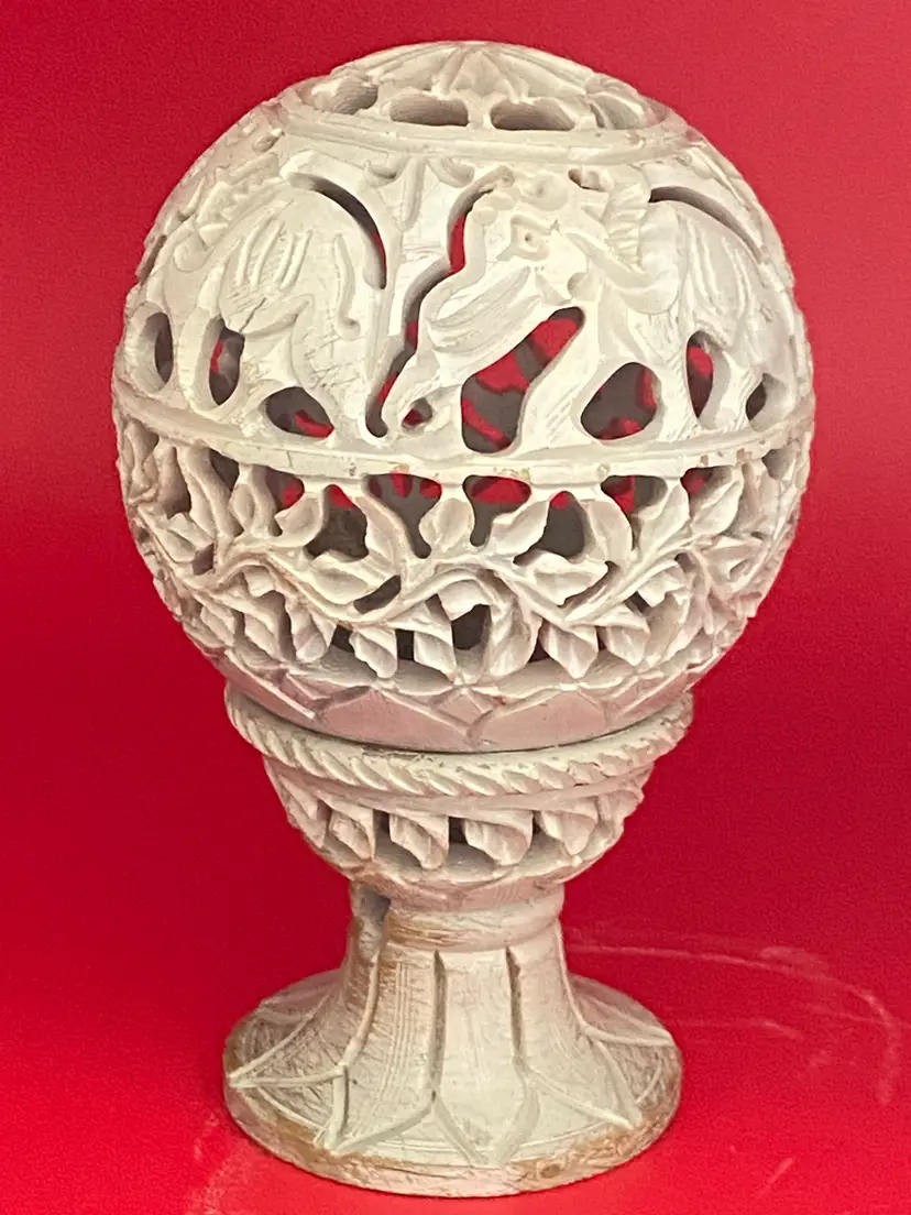 Stone Candle Holder Lamp w/ Intricate Carved Elephant Design, 6" Tall