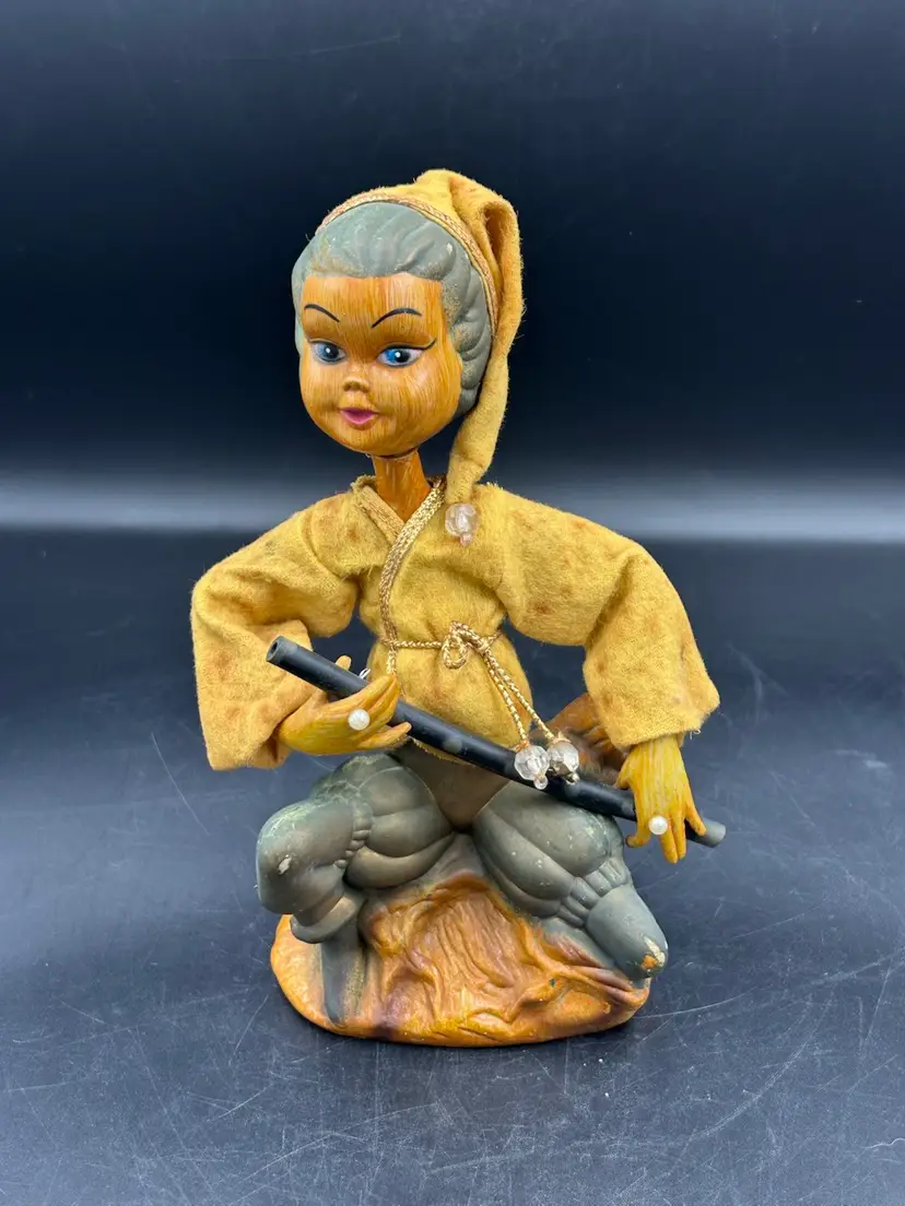 Vintage MCM Tilso Golden Fantasy, Pixie Elf Figurine Musical Instrument Flute