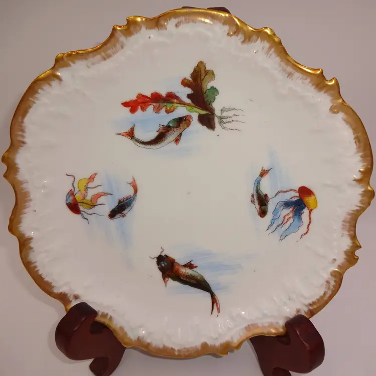 Antique Vintage AK Limoges A. Alfred Klingenberg 9" Gold Rim Plate Fish Jellyfish France