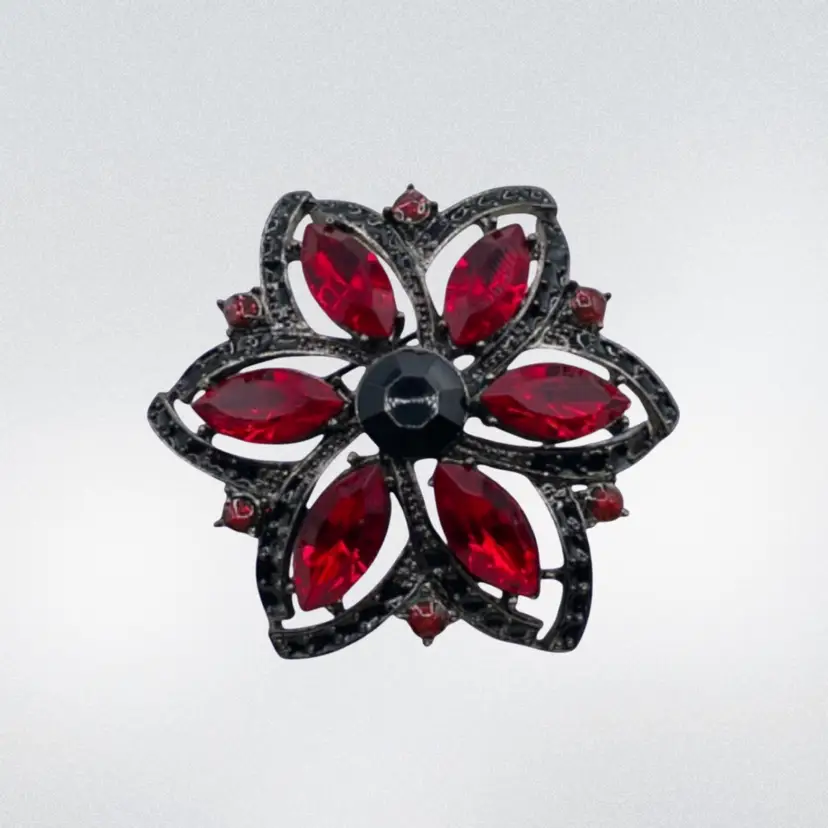 RWB - Red And Black Flower Brooch Gun Metal
