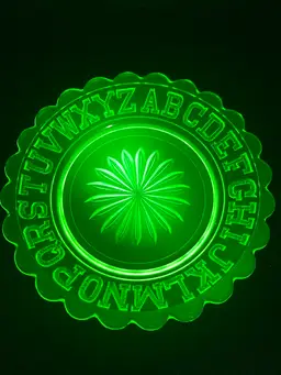 Vintage Mosser  Vaseline Glass ABC Plate! UV Reactive! 6” Diameter. No Condition Issues!